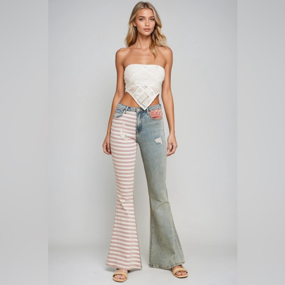 USA Striped Bellbottom Flare Jeans | Patriotic Rodeo Festival Denim | Red White - Picture 3 of 3
